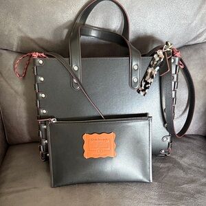 Coach Black Leather Tote Bag with Pouch